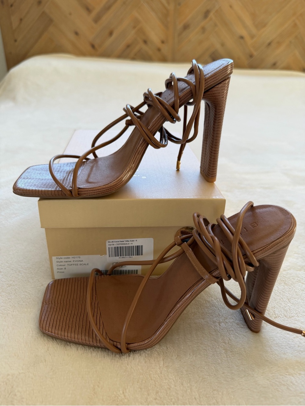 Billini Tan Wrap-Strap Square Toe High Heel Sandals